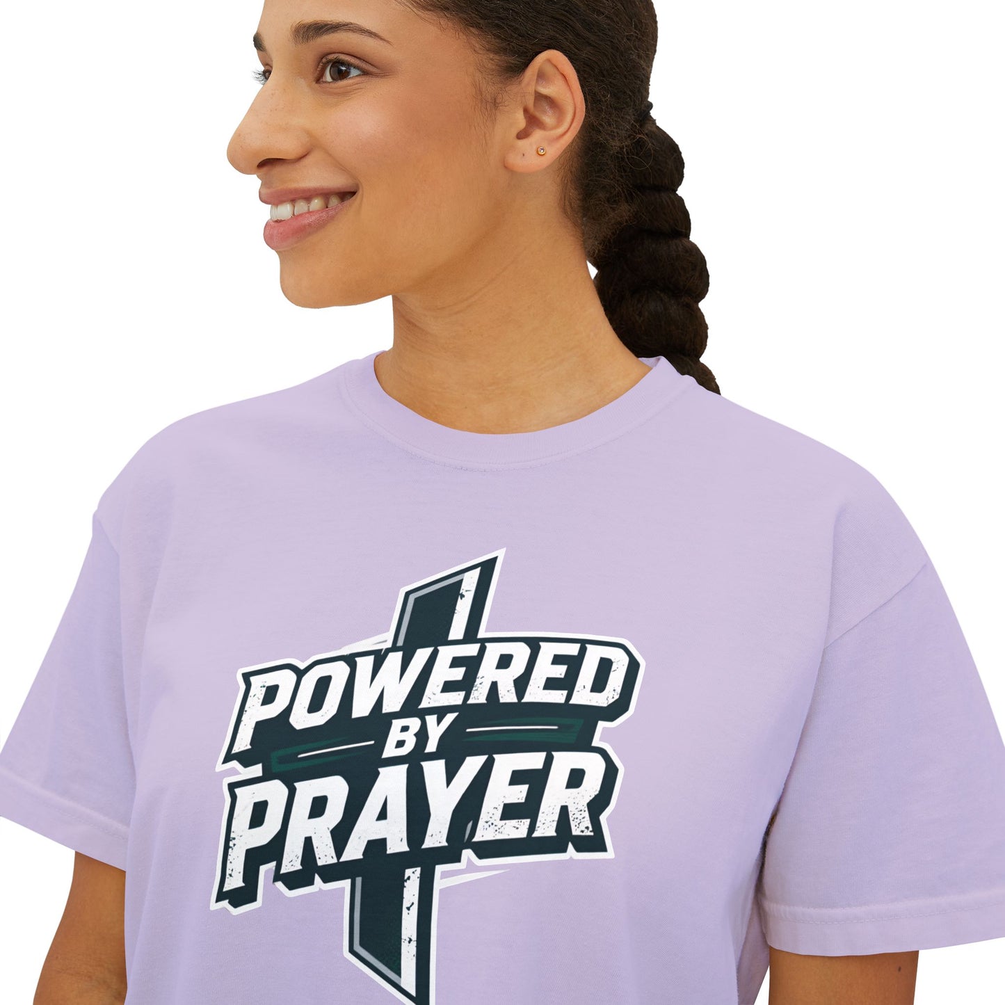 Powered by Prayer Boxy Tee — Women's Christian Graphic Shirt