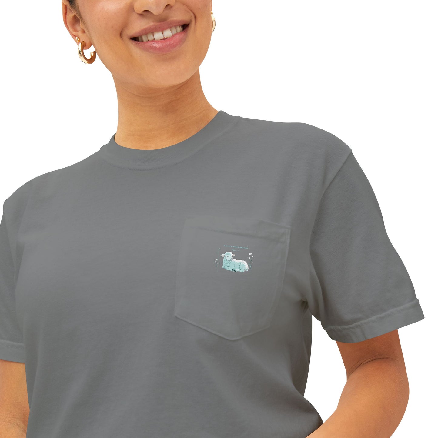 Lamb Rest Pocket T‑Shirt — Vintage Seafoam Pocket Tee with Script Verse