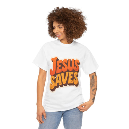Jesus Saves Retro Tee — Bright Sunset Faith T-Shirt
