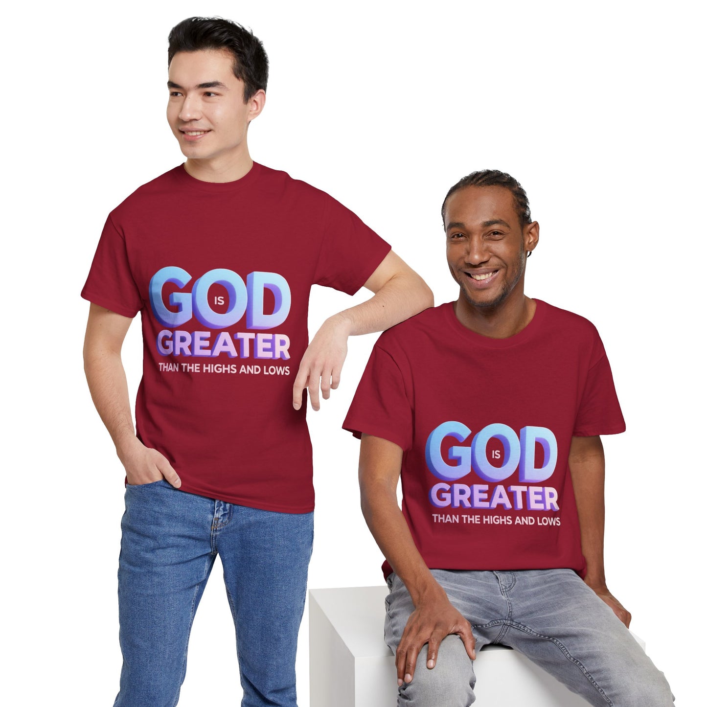 God Greater Gradient Tee — Soft Blue & Lilac Faith Shirt