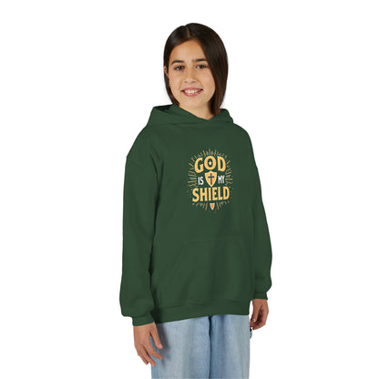 Youth Hoodie — "God Shield" Faith Graphic Pullover