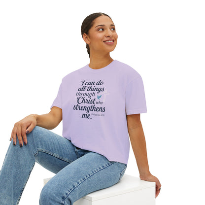 Christian Graphic Boxy Tee — "I Can Do All Things Through Christ" Inspirational Women’s T‑Shirt