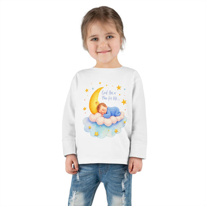 God Has a Plan for Me Toddler Long Sleeve Tee — Sleeping Baby on Moon Cloud