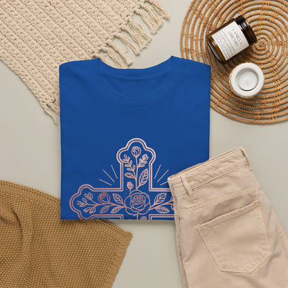 Floral Cross Tee – Delicate Pink Botanical Christian T-Shirt