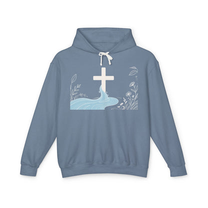 Lightweight Faith Hoodie — Subtle Cross & Stream Design