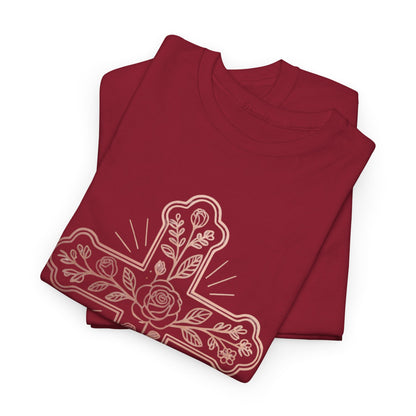 Floral Cross Tee – Delicate Pink Botanical Christian T-Shirt