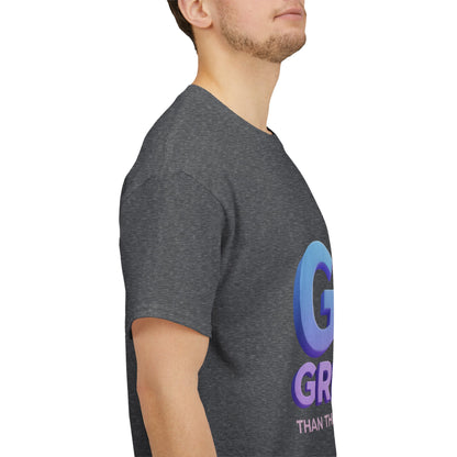 God Greater Gradient Tee — Soft Blue & Lilac Faith Shirt