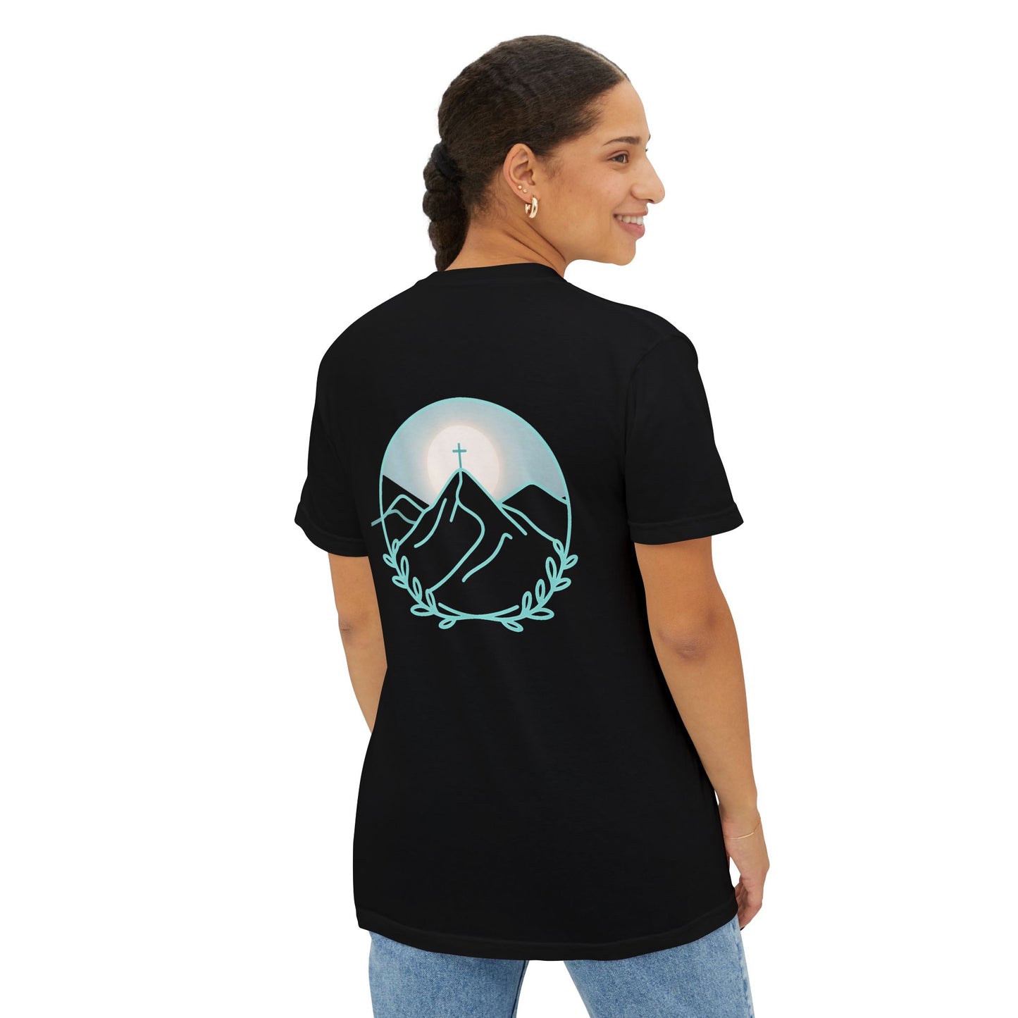 Pocket T-Shirt — Mountain Cross Back Graphic