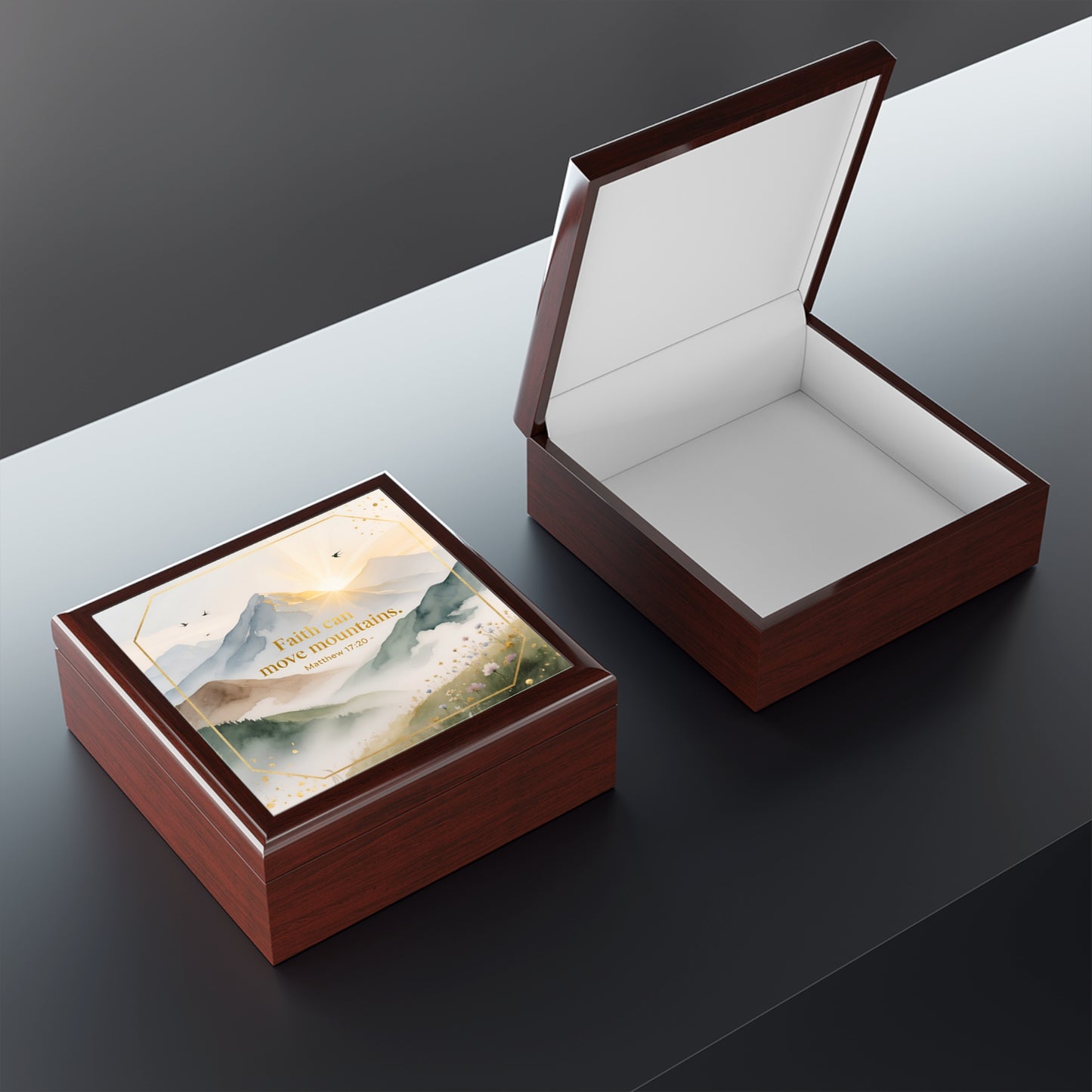 Inspirational 'Faith Can Move Mountains' Jewelry Box — Mountain Sunrise Keepsake