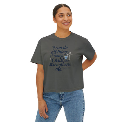 Christian Graphic Boxy Tee — "I Can Do All Things Through Christ" Inspirational Women’s T‑Shirt