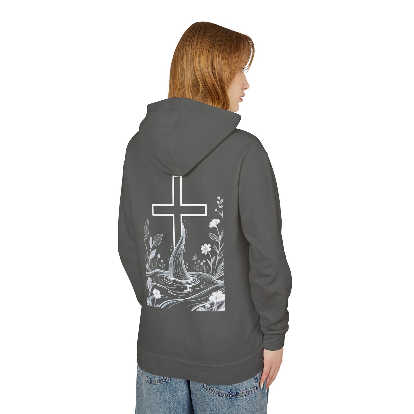 Lightweight Faith Hoodie — Subtle Cross & Stream Design