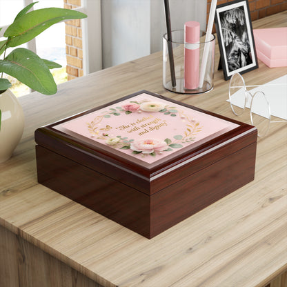 Jewelry Box - Floral Pink Keepsake with Quote “She is clothed with strength and dignity”