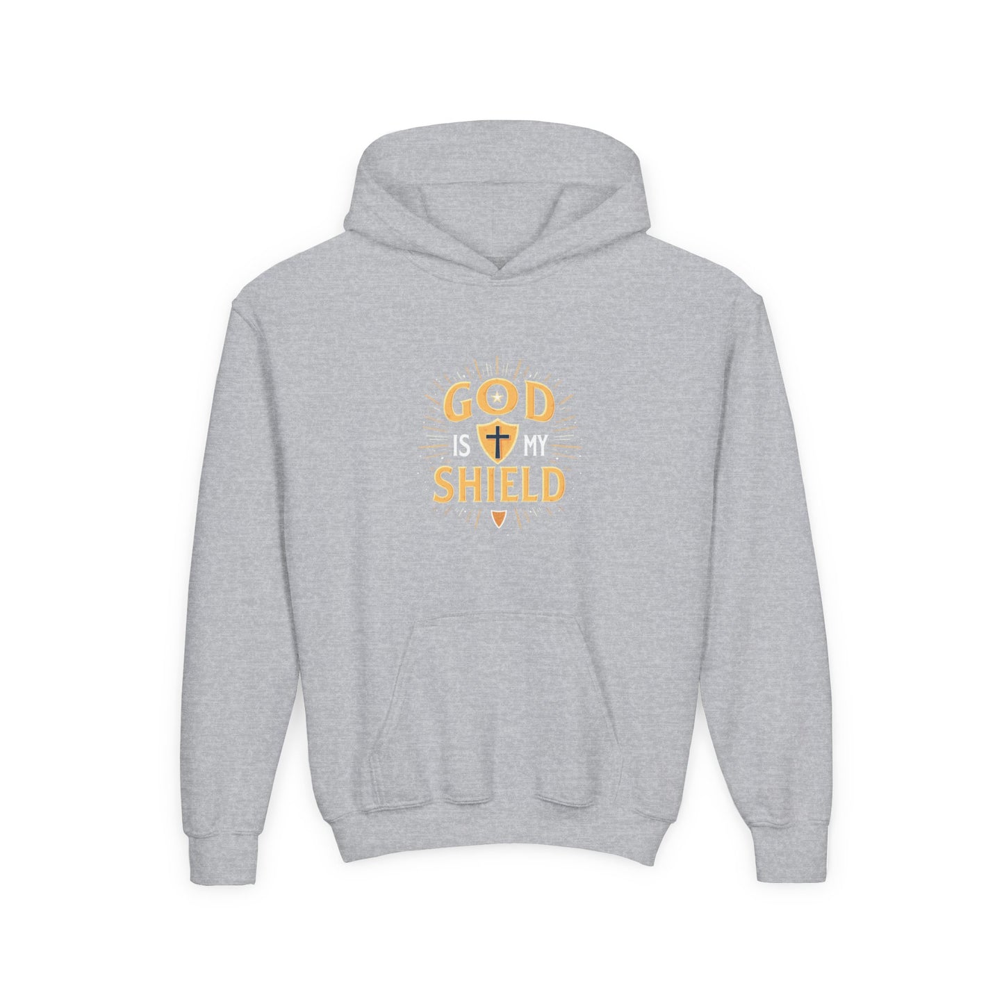 Youth Hoodie — "God Shield" Faith Graphic Pullover