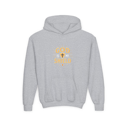 Youth Hoodie — "God Shield" Faith Graphic Pullover
