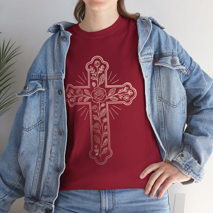 Floral Cross Tee – Delicate Pink Botanical Christian T-Shirt