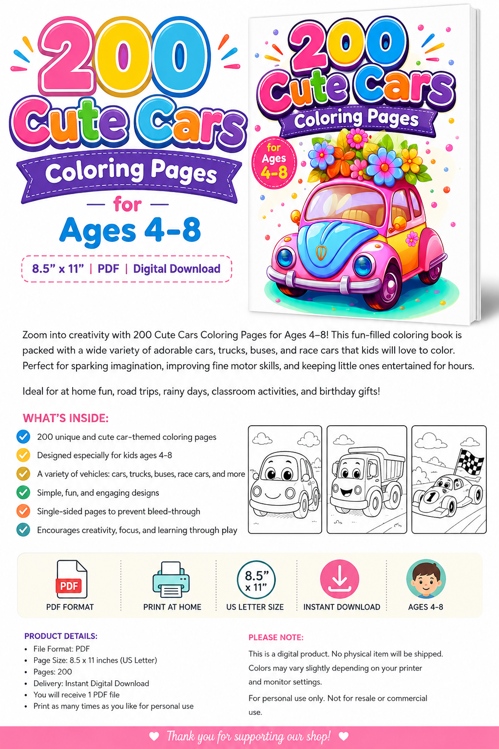 200 Cute Cars Coloring Pages for Ages 4–8 – Digital Download