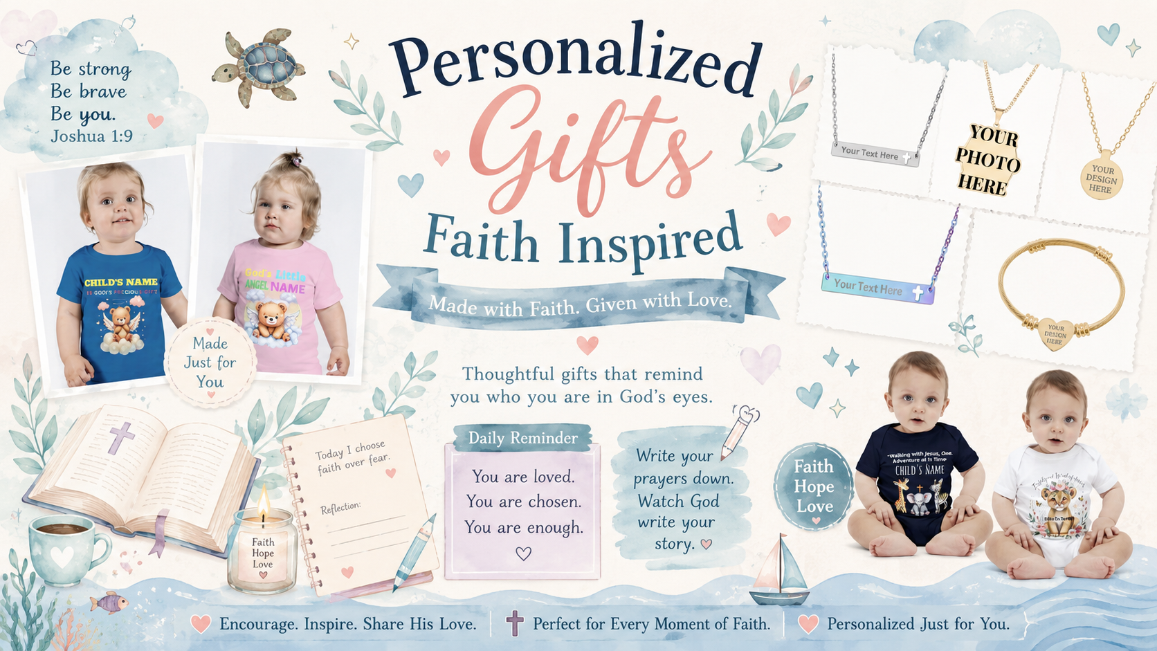 Advertisement for personalized gifts with a religious theme, featuring children and inspirational text.