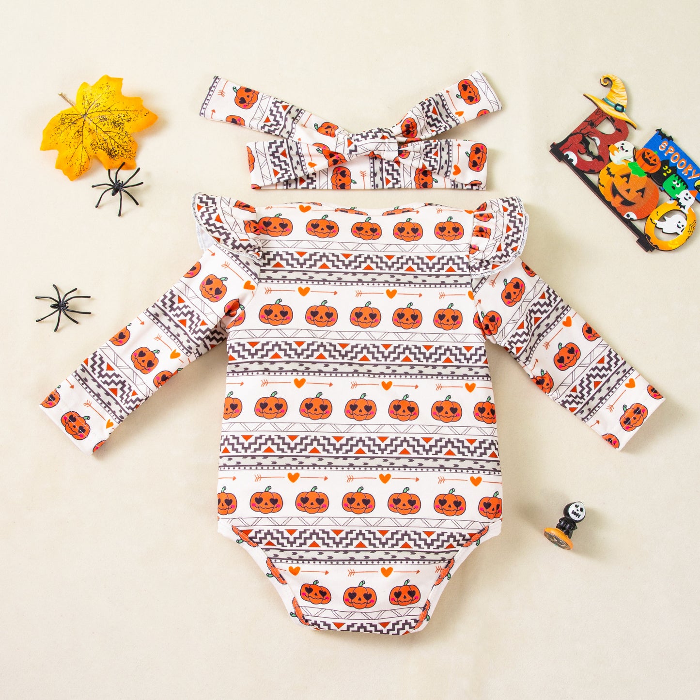 Baby Bodysuit Cartoon Pumpkin Long Sleeve Onesie with Accessories 2-Piece Set Baby Crawling Suit Party Outfit