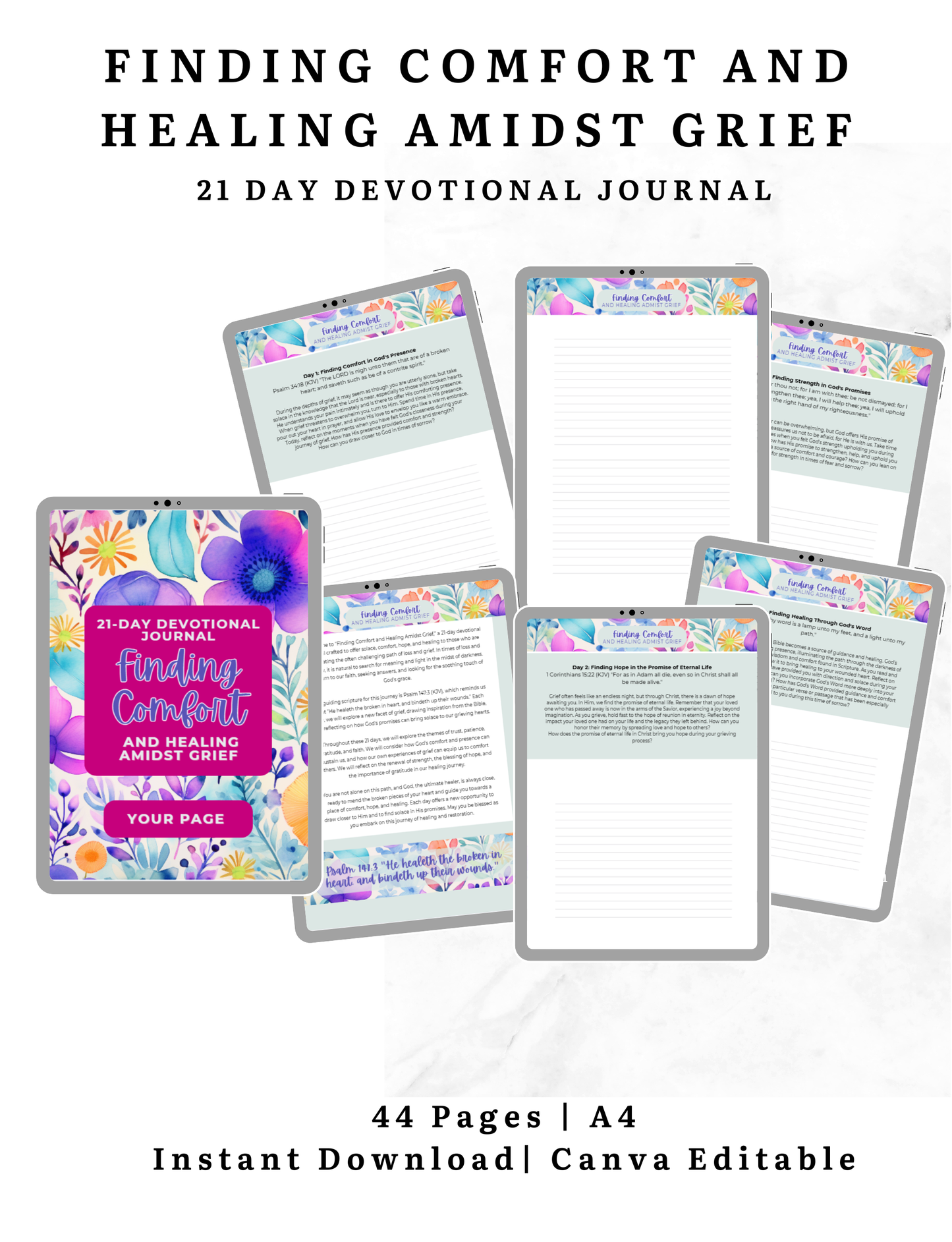 Finding Comfort and Healing Amidst Grief - 21 day devotional journal | A4 Instant Download | Canva Editable