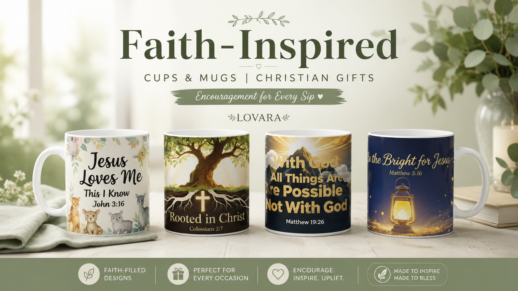 Four mugs with faith-themed designs on a table with a decorative background from Lovara