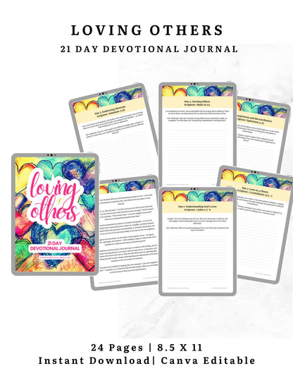 Loving Others  21 day devotional journal | Ebook 8.5 X 11 Canva Editable