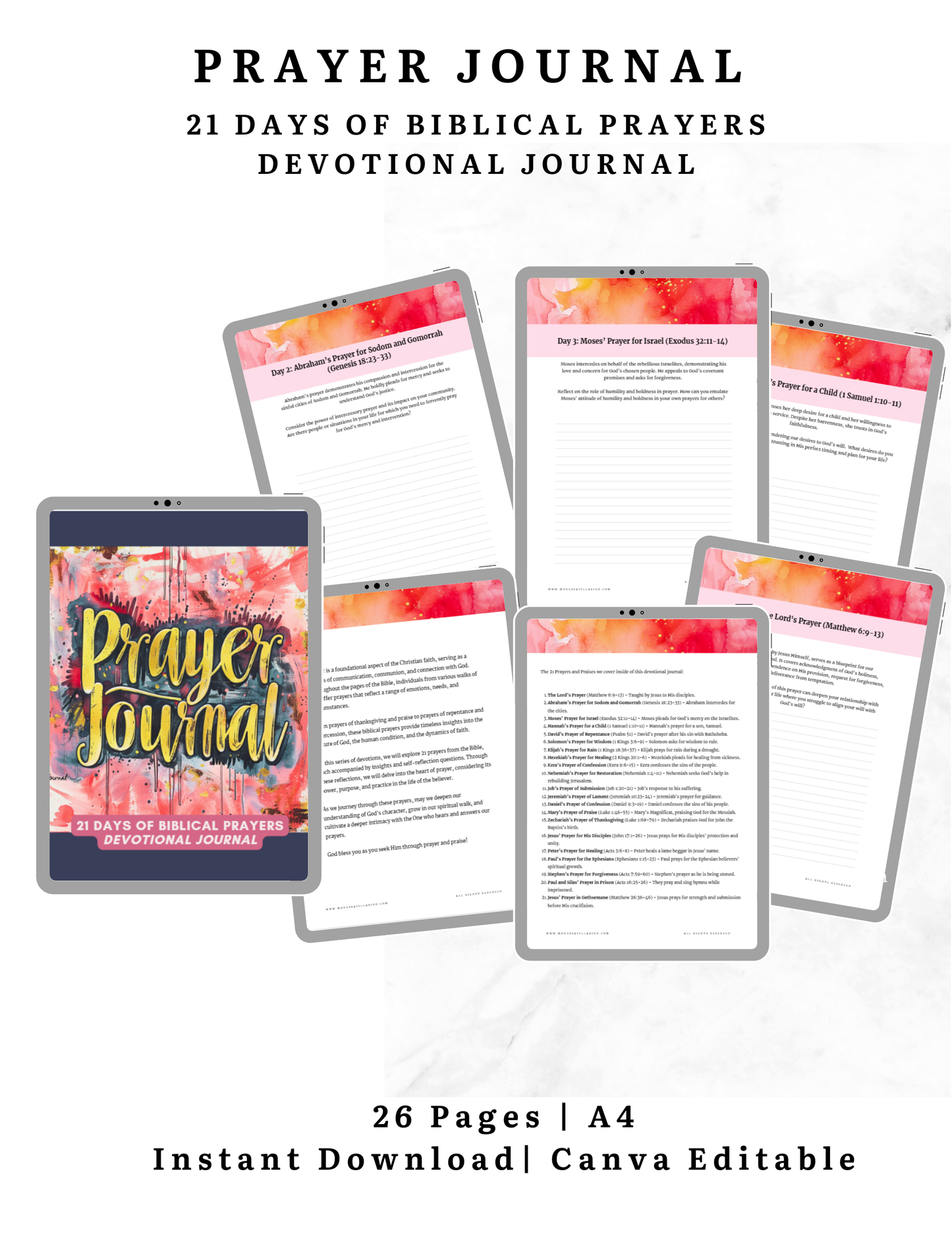 Prayer Journal 21 days of biblical prayers devotional journal | A4 Instant Download | Canva Editable