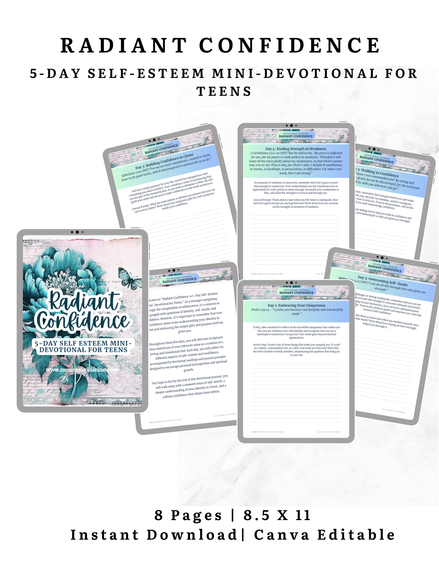 Radiant Confidence: 5-Day Self-Esteem Mini-Devotional for Teens | 8.5 X 11 Digital Download Canva Editable