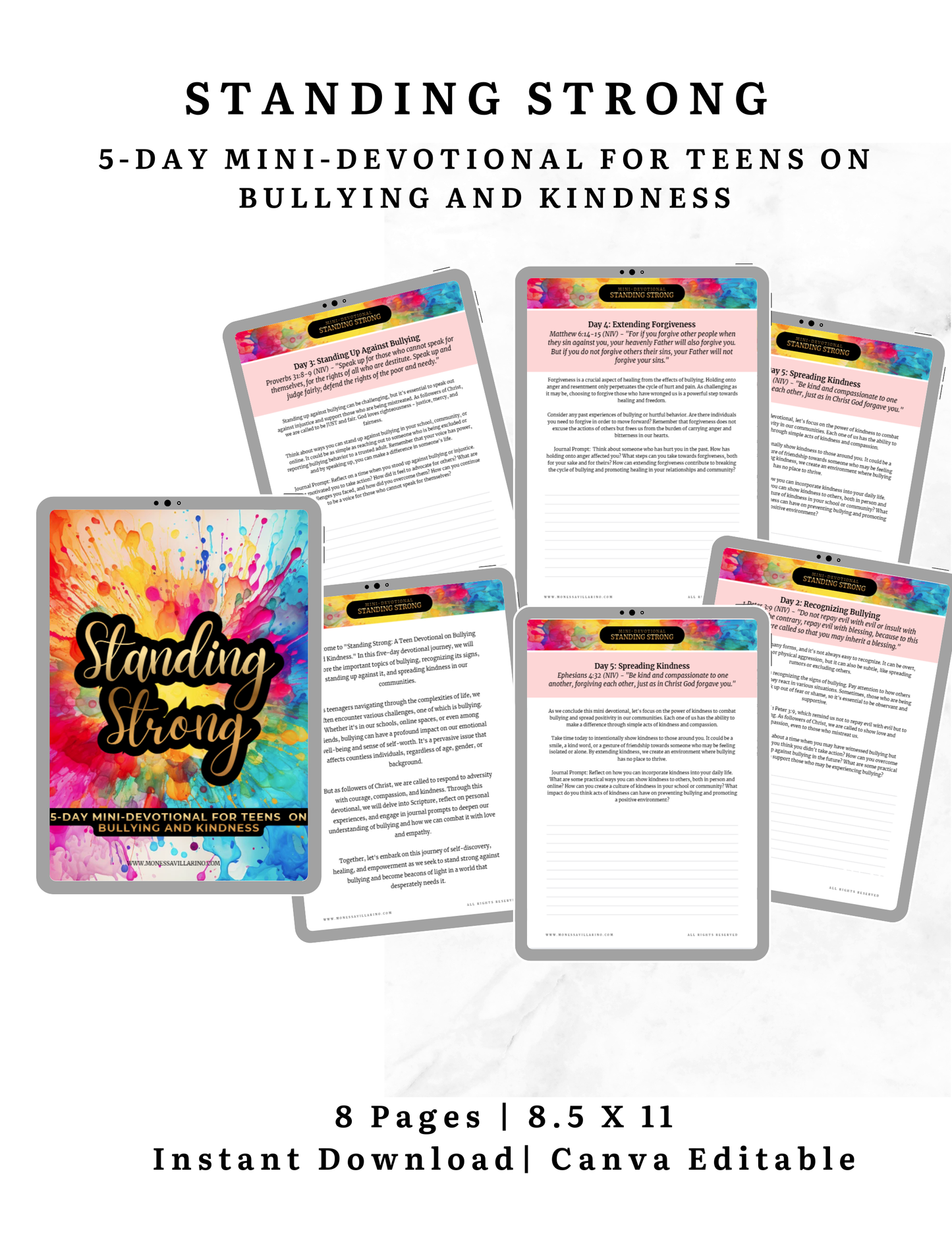 Standing Strong 5-day mini-devotional for teens on Bullying and Kindness | 8.5 x 11 Instant Download