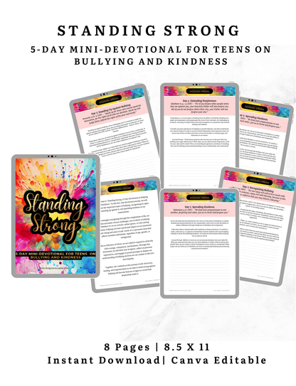 Standing Strong 5-day mini-devotional for teens on Bullying and Kindness | 8.5 x 11 Instant Download