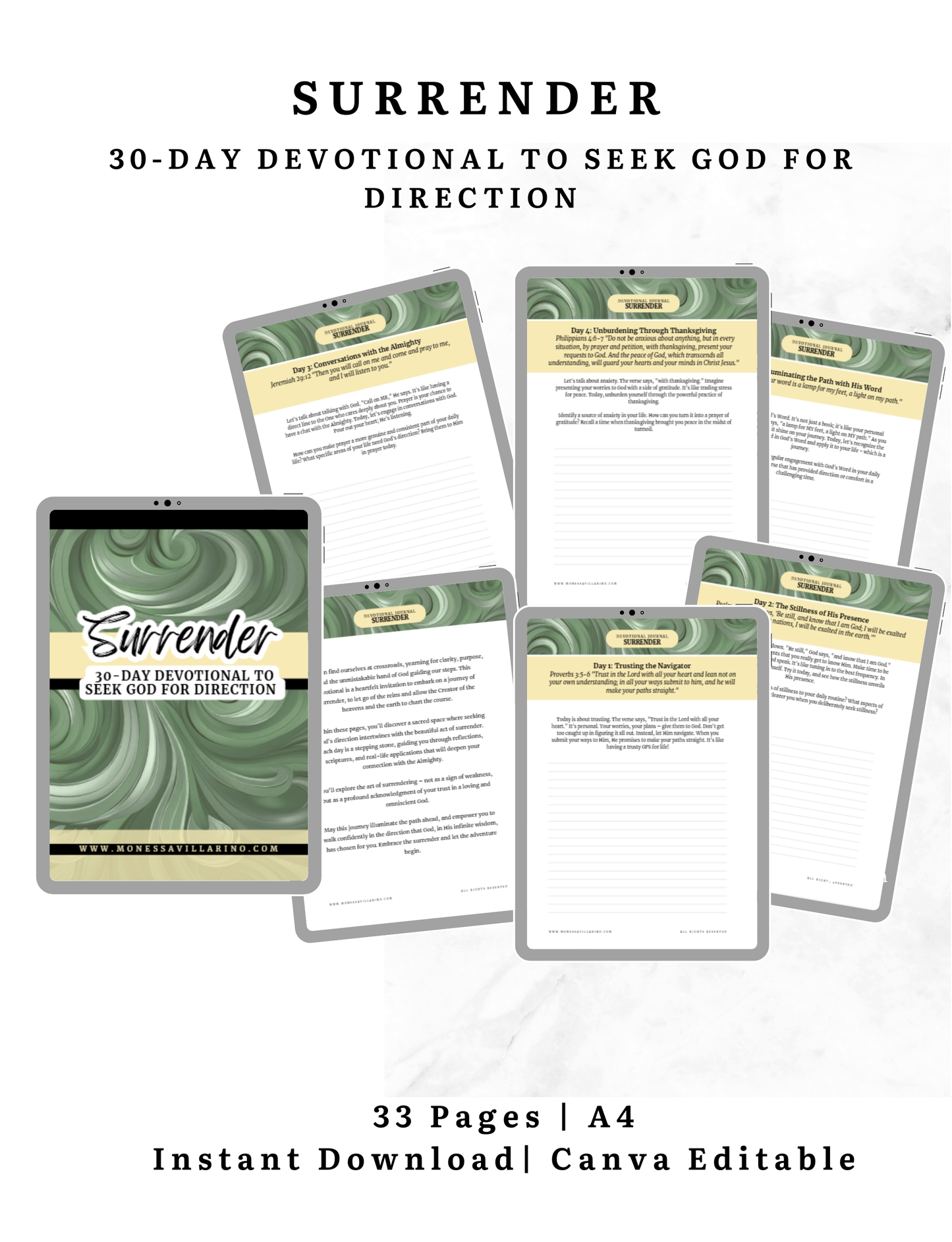 Surrender 30-Day Devotional to seek god for Direction | 33 Pages | A4 Instant Download| Canva Editable