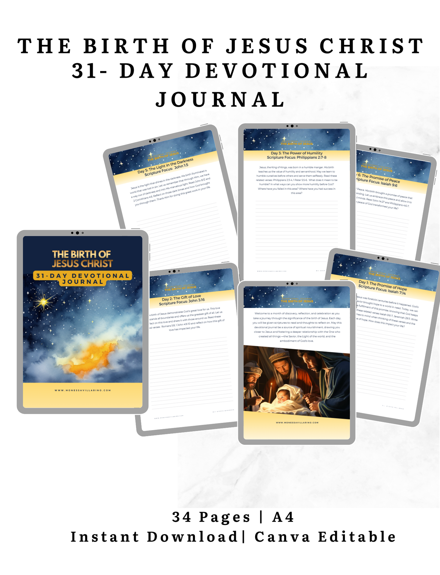 The Birth of Jesus Christ 31- day devotional journal | Instant Download | A4 Canva Editable